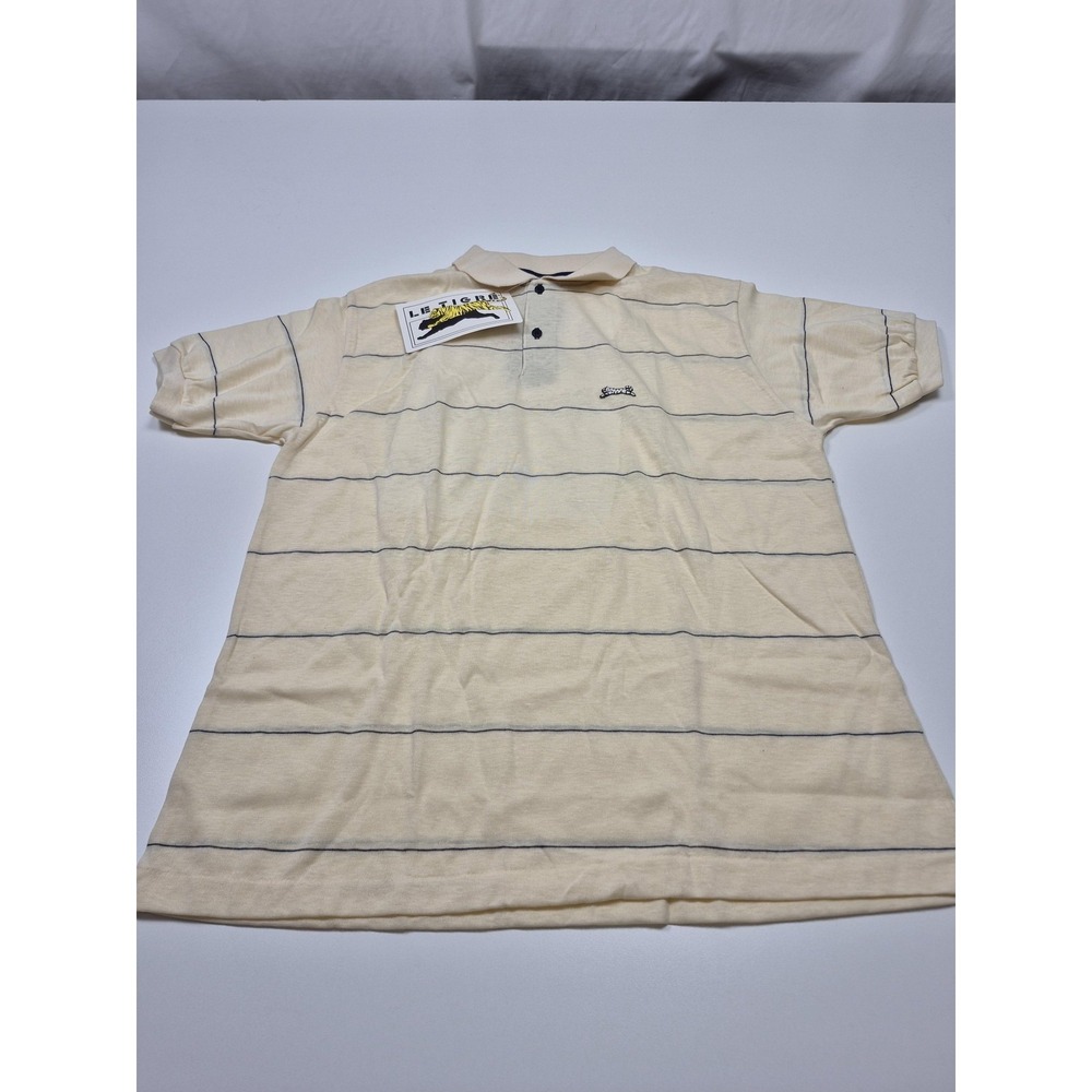 Le Tigre Polo Shirt Mens L White Striped Tiger Logo Polyester Cotton Knit
